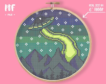 UFO Cross Stitch Pattern, Alien Abduction Mountains Nature, Starry Night Embroidery, Landscape Space Ship, I want to believe, X Files Scifi