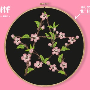 Floral Star Cross Stitch Pattern, Cute Pastel Pentagram Embroidery, Wiccan Pagan Symbol Needlepoint, Pentacle Gothic Decor, Samhain Xstitch