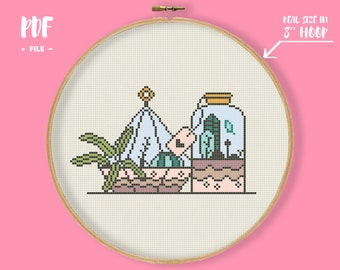 Terrarium Kreuzstich Muster, Kaktus und Sukkulenten Stickerei, Home Pflanzen im Glas Jar Needlepoint, Home Dekoration Einfaches Muster Anfänger