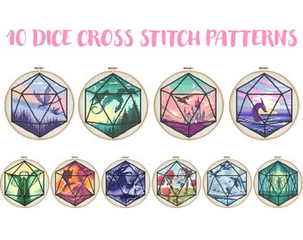 10 DnD Dice Cross Stitch, D20 Dice Silhouette Embroidery, Flying Dragon Forest Nature Needlework DnD Xstitch Fantastic Beast Sea Monster DIY