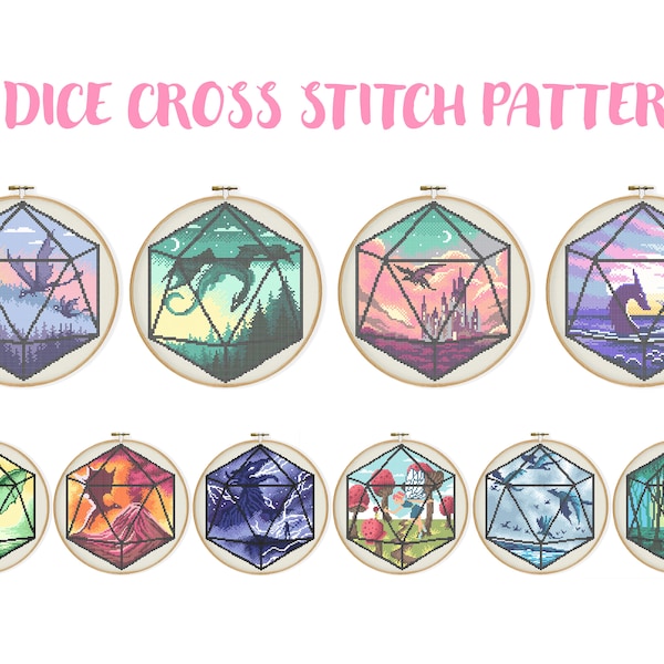 10 DnD Dice Cross Stitch, D20 Dice Silhouette Embroidery, Flying Dragon Forest Nature Needlework DnD Xstitch Fantastic Beast Sea Monster DIY