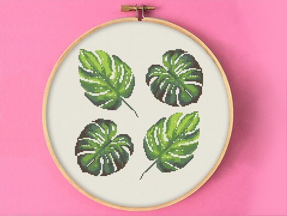 Monstera Leaf Cross Stitch Pattern Realistic Botanical Embroidery Plant Greenery Decor Botanic Gift Banana Leaf Vegan Present Floral