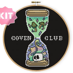 Coven Club Sand Clock Cross Stitch Kit, Witchy Halloween Embroidery, Pastel Goth Decor, Horror Gothic Wiccan Pagan Occult Feminism