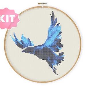 Blue Raven Cross Stitch Kit, Abstract Crow Embroidery, Bird Colorful Xstitch Chart, Animal abstract color flying raven beginner