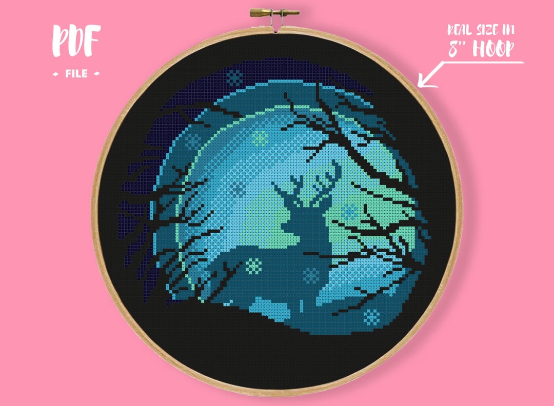 Blue Deer in the Forrest Cross Stitch Pattern, Winter Embroidery ...