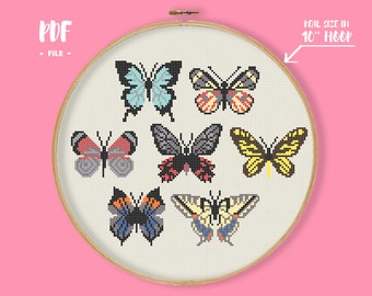 Fjärilar Korsstygn, Insektsbroderi, Naturalistiskt Mönster, Natur Heminredning, Biologi Lepidopterologi Nålsömnad, Färgglad DIY