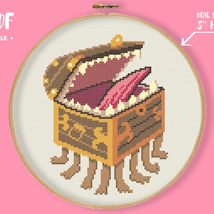 Padrão de ponto cruz de peito faminto, bordado mímico dnd, bordado bookish, gráfico geek xstitch, ideia de artesanato de jogador de rpg, decoração de parede