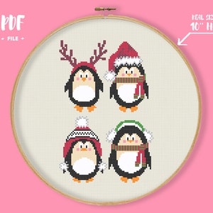 May include: Cross stitch pattern featuring four penguins wearing festive winter hats and scarves. The pattern is designed to fit a 10-inch embroidery hoop. PDF file.