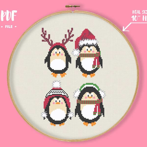 Patrón de punto de cruz de pingüinos, bordado de nieve de invierno, costura de pequeños animales lindos, divertidos pingüinos kawaii Navidad Xstitch vacaciones DIY