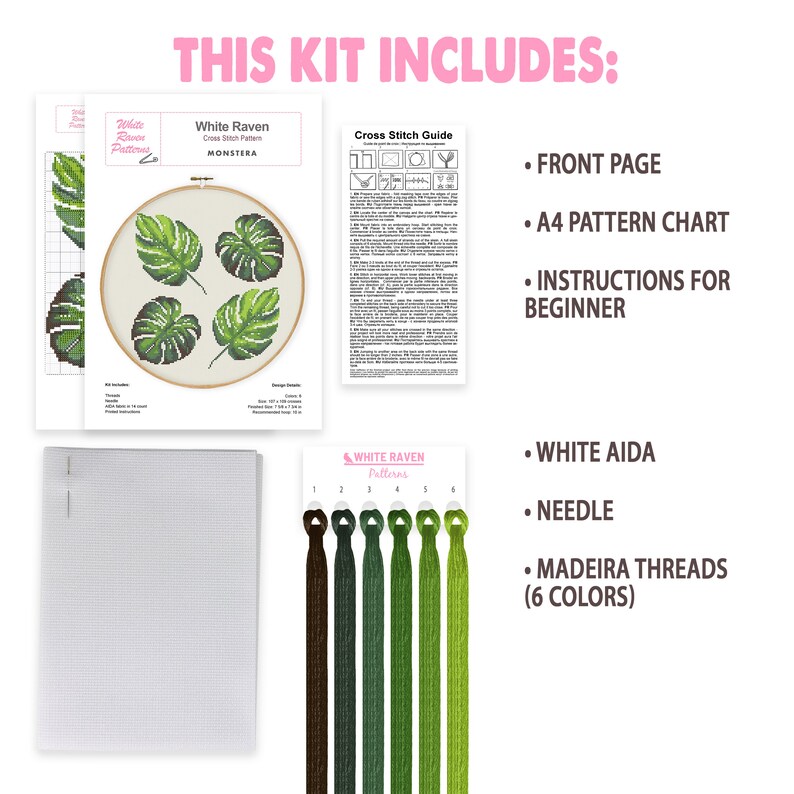 May include: A cross stitch kit featuring a monstera plant design. The kit includes a white Aida cloth, embroidery needle, six colors of Madeira thread, a pattern chart, and instructions for beginners. The kit is packaged in a white box with a pink and white label.