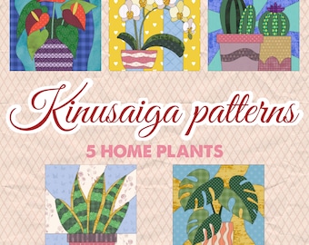 Home Plants Kinusaiga Patterns Set - Floral No Sew Fabric Quilt - Scrap Fabric Craft - Textile Mosaic Collage