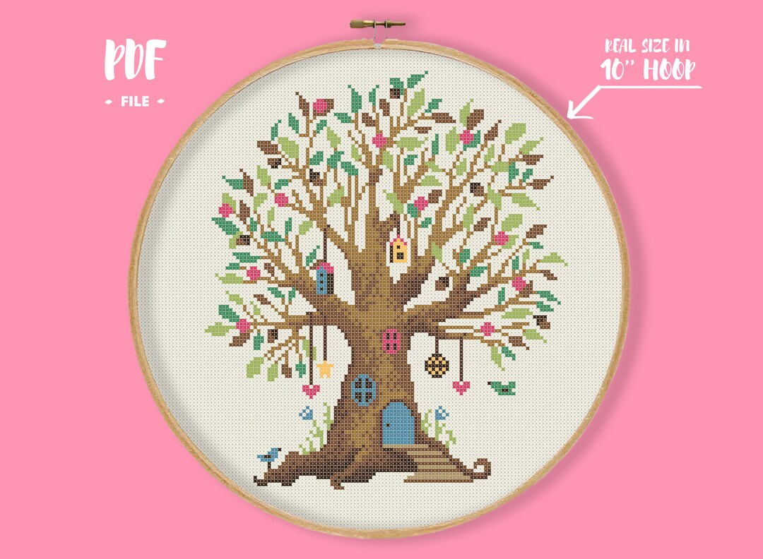 Tree Home Cross Stitch Pattern, Enchanted Forest House in the Tree ...
