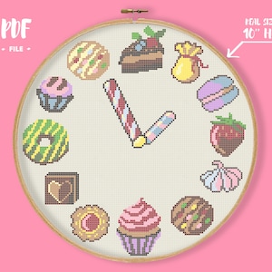 Patrón de punto de cruz de tiempo dulce, bordado de reloj, galleta caramelo cupcake malvavisco pastel desierto punto de aguja, decoración de la pared de la cocina inauguración de la casa