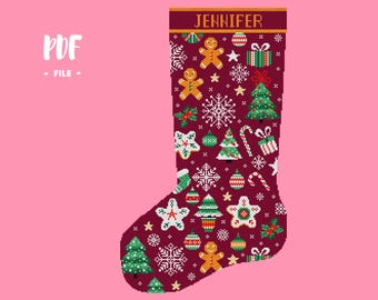 Christmas Stocking 58 Cross Stitch Pattern, Santa Christmas Eve Embroidery DIY, Stockings customizable with name, Xstitch Sampler Winter