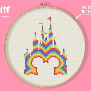 Regenbogen Schloss Maus Kreuzstich Muster, Stickmuster für Kinder, Kinderzimmer Wand Dekor, Kind Geschenk Fan, Baby Shower Geschenk Cartoon