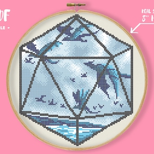 May include: Cross-stitch pattern in a wooden hoop. The design features a geometric shape with a blue dragon and cloud scene. Text on the image reads "PDF FILE" and "REAL SIZE IN 8" HOOP".