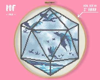Dragons in the Sky Dice Cross Stitch Pattern, DdD Embroidery, Geeky Needlepoint, Nerdy DIY Wall Decor, Role Play Inspired Xstitch Mythology