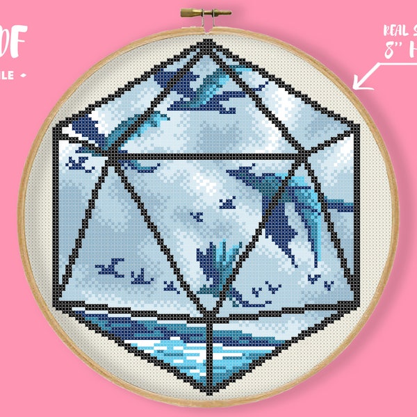Dragons in the Sky Dice Cross Stitch Pattern, DdD Embroidery, Geeky Needlepoint, Nerdy DIY Wall Decor, Role Play Inspired Xstitch Mythology