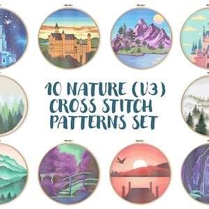 10 Nature V3 Cross Stitch Patterns, Nature Trees Embroidery, Green Landscape Scenery Needlepoint, Good weather, Round scheme, Hoop art