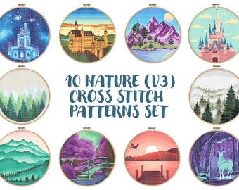 10 Nature V3 Cross Stitch Patterns, Nature Trees Embroidery, Green Landscape Scenery Needlepoint, Good weather, Round scheme, Hoop art