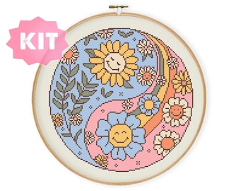 Floral Harmony Cross Stitch Kit, Positive Vibe Embroidery, Cute Colourful Hippo Needlepoint, Daisy Psychedelic Yin Yang Xstitch Chart