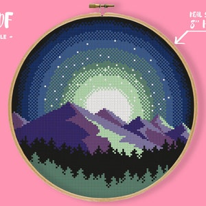 Mountain Starry Night Cross Stitch Pattern, Beautiful Nature Embroidery, Violet and Blue Sky, Forest Landscape USA National Park Xstitch