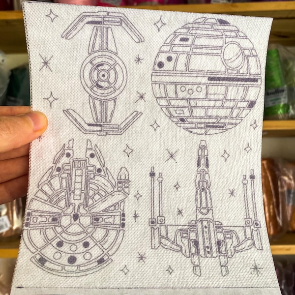 Naves espaciales para pegar y coser, transferencias de bordado solubles en agua, bordado lavable despegar y pegar, estabilizador de decoración de ropa disolver