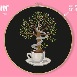 Cup Of Coffee Tree Cross Stitch Pattern, Morning Kitchen Embroidery, Birds Spring Needlework, cappuccino espresso, Garden in the cup, modern