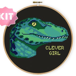 Clever Girl Cross Stitch Kit, Velociraptor Dinosaur Jurassic Embroidery, Movie Geek Needlepoint, Feminist power women xstitch chart