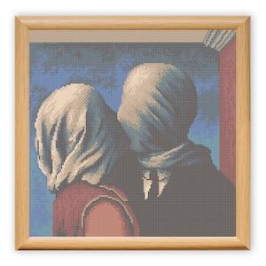 Magritte les amoureux, motif point de croix, reproduction de broderies beaux-arts, oeuvre d'art de l'artiste de la galerie, peinture dessin au point X, chef-d'oeuvre