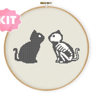 Dead Cat Cross Stitch Kit, Ghost cat embroidery, cat skeleton needlework, halloween simple xstitch, cat anatomy I&#39;m half dead xstitch