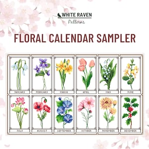 Peut inclure: Un échantillon de calendrier floral avec 12 motifs de fleurs différents, chacun représentant un mois de l'année. Les fleurs sont représentées dans un style point de croix, avec un fond blanc et un simple cadre noir autour de chaque motif.