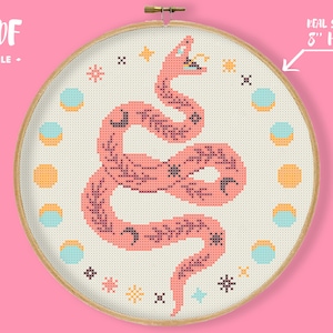 Red Moon Snake Cross Stitch Pattern, boho embroidery, coral color needlpoint, modern simple sampler, gothic xstitch witchy diy crafts