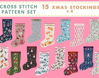 15 Christmas Stocking Set (V4) Cross Stitch Pattern, Santa Christmas Tree Embroidery DIY, Stockings customizable name Xstitch Sampler Winter
