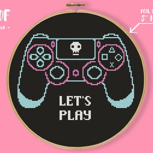 Let&#39;s Play Game Controller Cross Stitch Pattern, Skeleton Skull Goth Embroidery, Gamer nerd geek Gift, Girl Gamer xstitch easy pattern