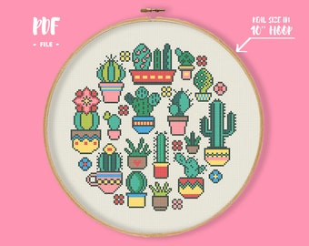 Modèle de point de croix de cactus, broderie de plantes succulentes en pot de fleurs, cadeau de pendaison de crémaillère de fleurs, modèle de couture facile pour débutants à télécharger PDF