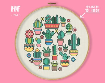 Cactus Cross Stitch Pattern, Potted Flowers Succulents Embroidery, Flowers Housewarming Gift, easy beginner needlecraft pattern PDF Download