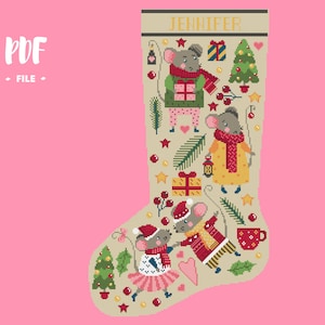 May include: A beige Christmas stocking with the name "Jennifer" at the top. The stocking is decorated with a variety of Christmas-themed images, including mice, presents, a Christmas tree, and a lantern.
