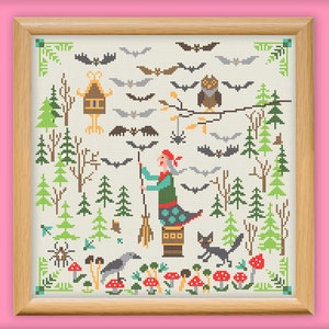 Sampler Baba Yaga Cross Stitch Pattern, Fairy Tale Witch Fairytale embroidery, Woodland Primitive Slavic Folktale, Hut Chicken Leggs Xstitch