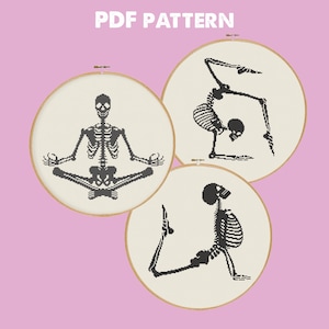 May include: Three embroidery hoops with black skeleton designs in yoga poses against a cream background. The text "PDF PATTERN" is at the top. The skeletons are in various yoga poses, including seated meditation and balancing poses.
