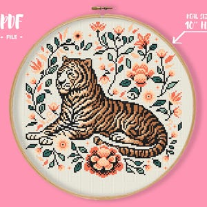 Patrón de punto de cruz de tigre con flores, bordado de animales con mandalas, bordado folclórico ornamental, decoración de pared con arte primitivo Xstitch