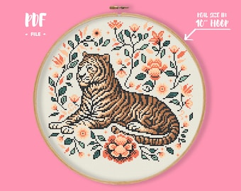 Tiger with Flowers Cross Stitch Pattern, Mandala Animal Embroidery, Ornamental Folklore Needlepoint, Primitive Art Wall Decor Xstitch
