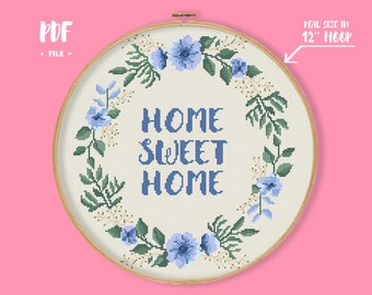 Home Sweet Home Cross Stitch Pattern, Flowers Blue Bouquet Embroidery, Floral Wreath Housewarming Cute Present, New Home Gift, Round border