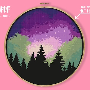 Northern Lights Cross Stitch Pattern, Nature Starry Sky Embroidery, Aurora Finland trees camping modern landscape abstact forest wild