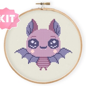 Cute Bat Cross Stitch Kit, Violet Kawaii Animal Embroidery, Pastel Goth Cute Chibi Bat Needlework, Small Beginner Xstitch Cutie