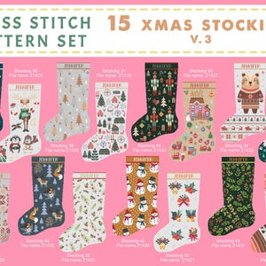 Op de afbeelding: Een digitale collectie van 15 kruissteekpatronen voor kerstsokken met de tekst Cross Stitch 15 Xmas Stockings V.3. Elke sok bevat unieke feestelijke motieven, waaronder katten, notenkrakers, beren, sneeuwpoppen en botanische ontwerpen.