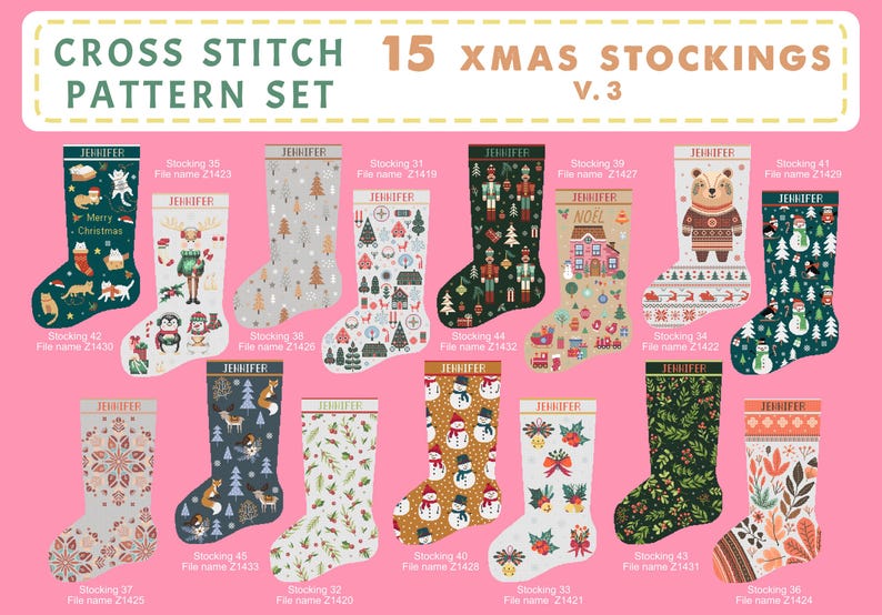 Op de afbeelding: Een digitale collectie van 15 kruissteekpatronen voor kerstsokken met de tekst Cross Stitch 15 Xmas Stockings V.3. Elke sok bevat unieke feestelijke motieven, waaronder katten, notenkrakers, beren, sneeuwpoppen en botanische ontwerpen.