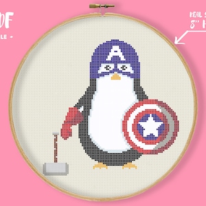 Penguin Captain Antarctica Cross Stitch Pattern, Movie Embroidery, Superhero Cute Animal Cosplay, America Shield and Hummer image 1
