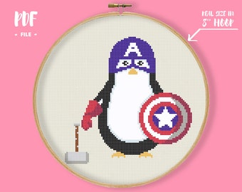 Penguin Captain Antarctica Cross Stitch Pattern, Movie Embroidery, Superhero Cute Animal Cosplay, America Shield and  Hummer