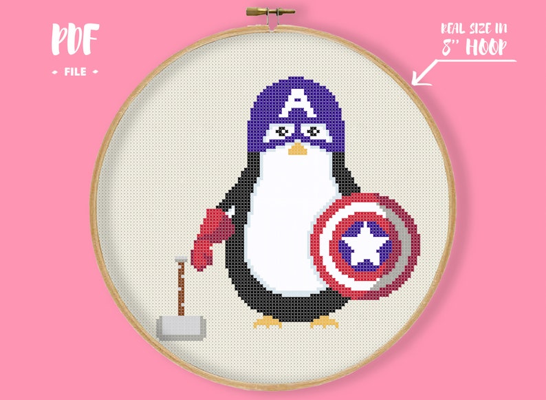 Penguin Captain Antarctica Cross Stitch Pattern, Movie Embroidery, Superhero Cute Animal Cosplay, America Shield and Hummer image 1
